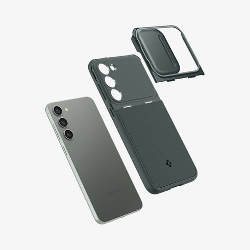 ACS05639 - Galaxy S23 Ultra Case Optik Armor in black showing the back with lens protector slot open